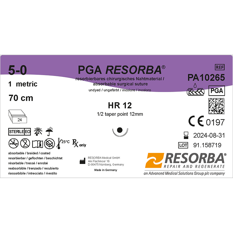 ПГА Ресорба USP5-0 незабарвлений, довжина 70см, колюча голка 12мм, 1/2 кола